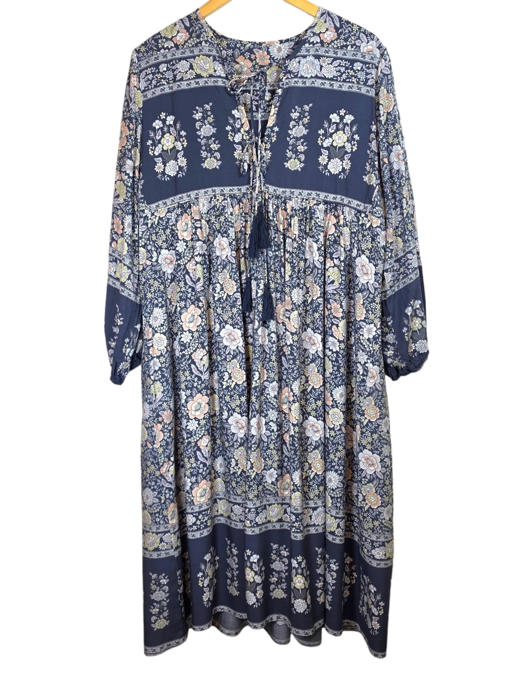 R Vivimos Boho Midi Dress Long Sleeve Tassels Sz L Cottagecore Floral Western